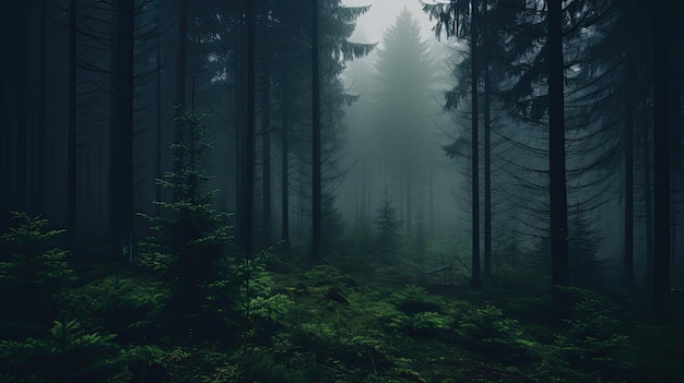 A photo of a misty forest dark and eerie