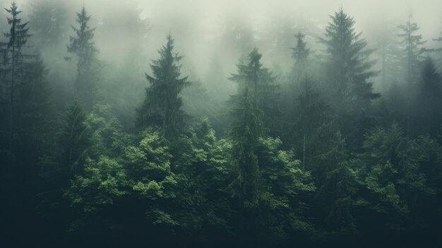 A photo of a misty forest dense fog backdrop