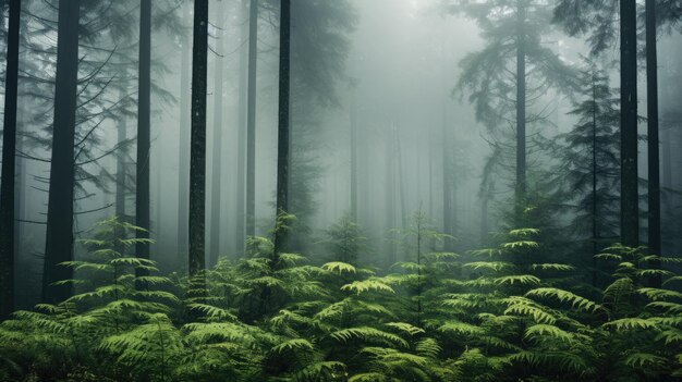 A photo of a misty forest in piedmont with tall trees and ferns