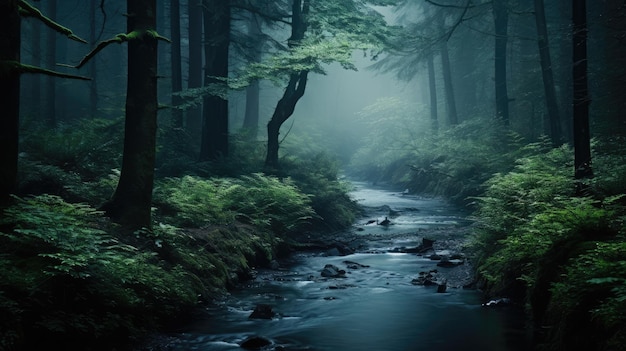 A photo of a misty forest with a winding stream dense fog