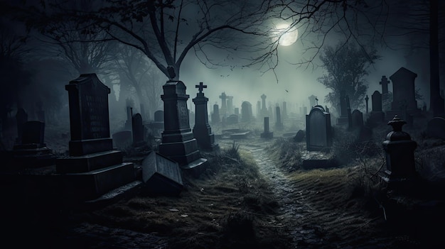 A photo of a misty graveyard with ancient tombstones
