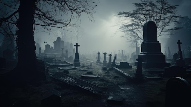 A photo of a misty graveyard with ancient tombstones