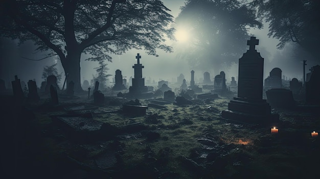 A photo of a misty graveyard with ancient tombstones