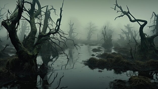 Photo a photo of a misty marsh with twisted trees ethereal mist