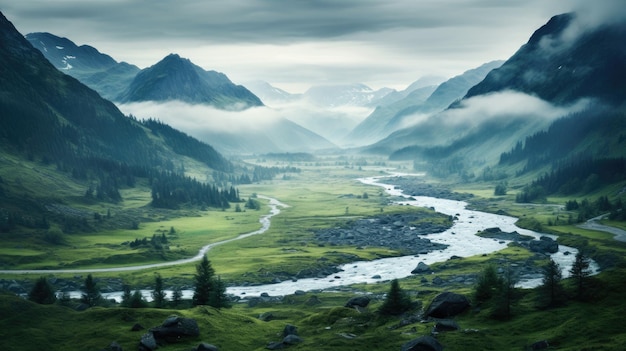 A photo of a misty mountain valley with a winding river foggy atmosphere