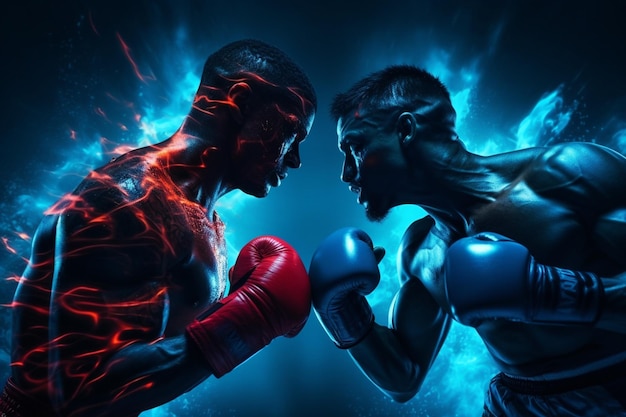 Foto foto mma due combattenti professionisti che colpiscono o boxano isolati su un muro blu in neon