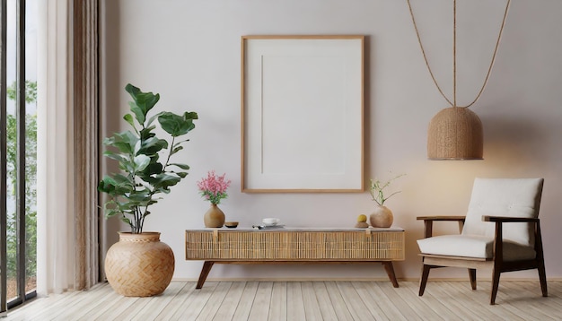 Photo mockup frame on cabinet in living room interior on empty dark wall background