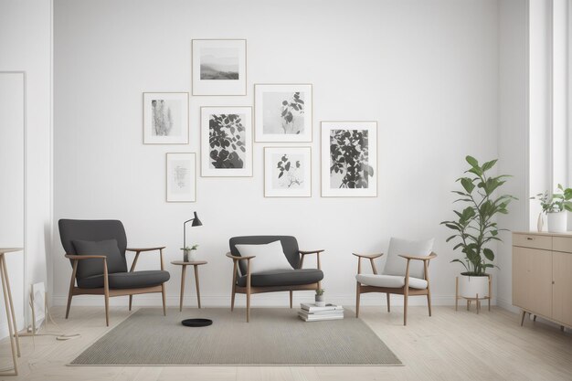 의자와 데코 스칸디나비아 스타일로 꾸며진 거실 내부의 사진 목업 프레임