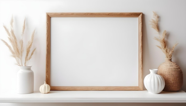 Photo mockup poster frame close up and accessories decor in cozy white interior background