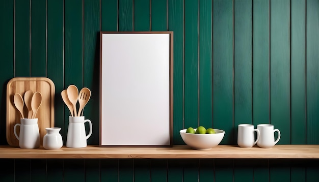 Photo mockup poster frame in kitchen interior and accessories with dark green wooden slatted wall