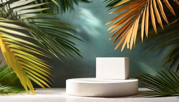 photo mockup for product presentation decorated with palm leaves 3d rendering