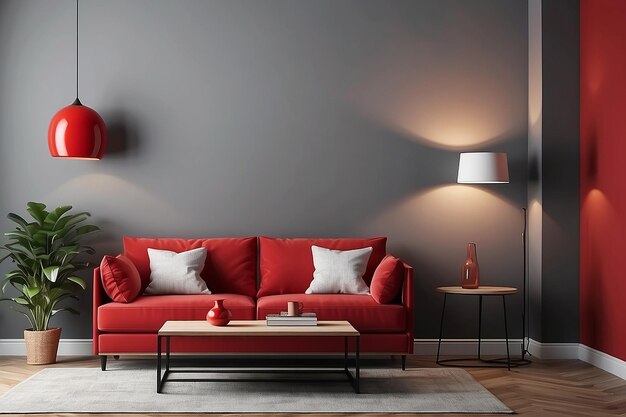 Photo mockup red living room interior with sofa table lamp and copy space