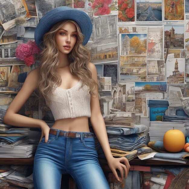 photo of a model wearing a jeans outfit with a wardrobe background and piles of clothes