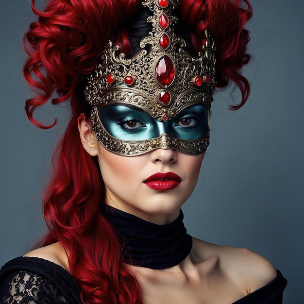 Premium Photo | Photo of a model with long red hair and a mask