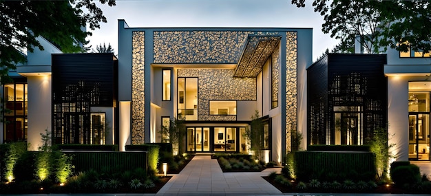 Фото современного архитектурного здания с обильным естественным светом и пышной зеленью
