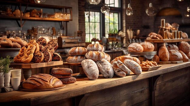 A Photo of a Modern Bakery with Artisan Bread and Pastries