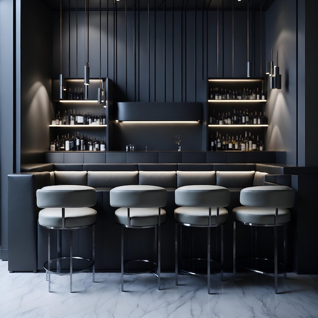 Photo of a modern bar with stylish stools and lighting