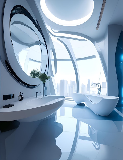 Photo of a modern bathroom with a spacious bathtub and a large mirror