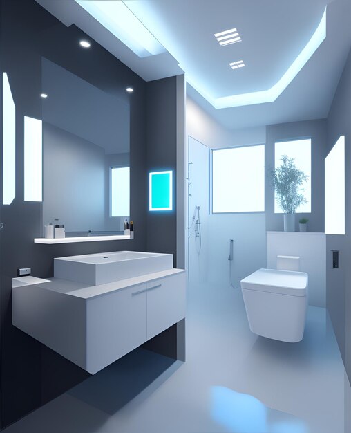 변기 세면대와 거울이 있는 현대적인 욕실 사진