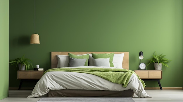 фото Современная спальня на зеленом фоне, созданное AI