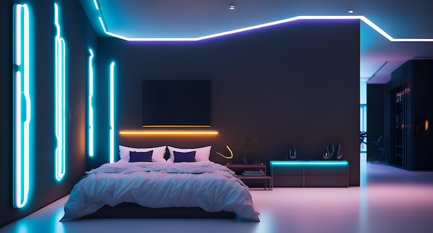 Photo of a modern bedroom with a kingsize bed and vibrant neon lighting