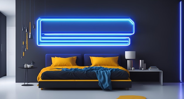 Photo of a modern bedroom with a kingsized bed and neon lighting accents