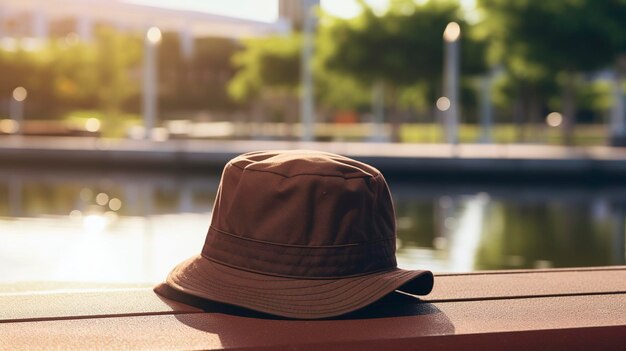 A photo of a modern bucket hat in an urban park