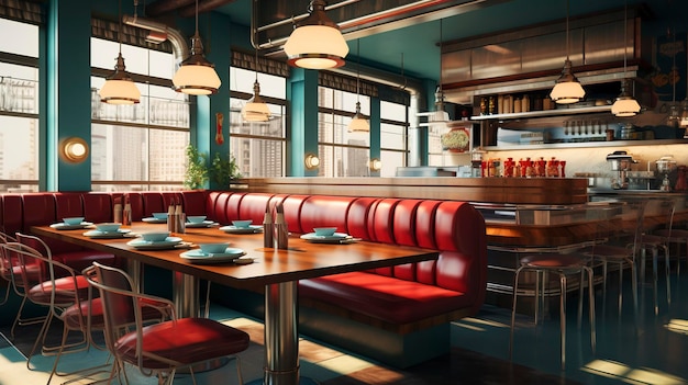 A photo of a modern burger joint with industrialstyle