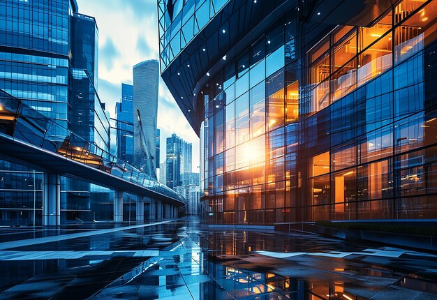 Photo of modern business buildings in financial district with vertical low angle shot and landscape