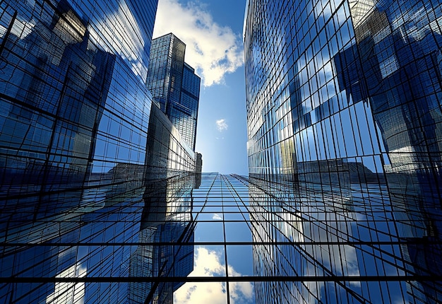 Photo of modern business buildings in financial district with vertical low angle shot and landscape