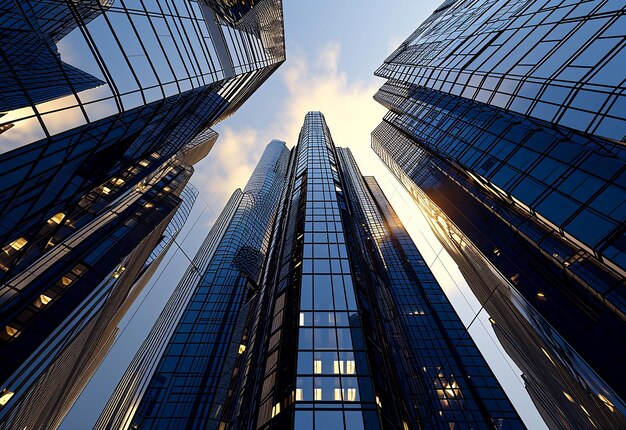 Photo of modern business buildings in financial district with vertical low angle shot and landscape