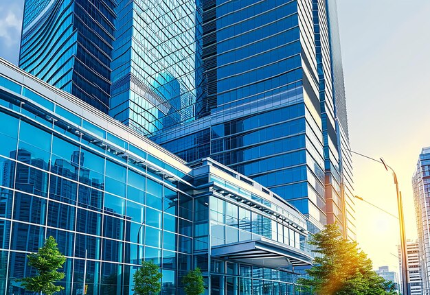 Photo of modern business buildings in financial district with vertical low angle shot and landscape