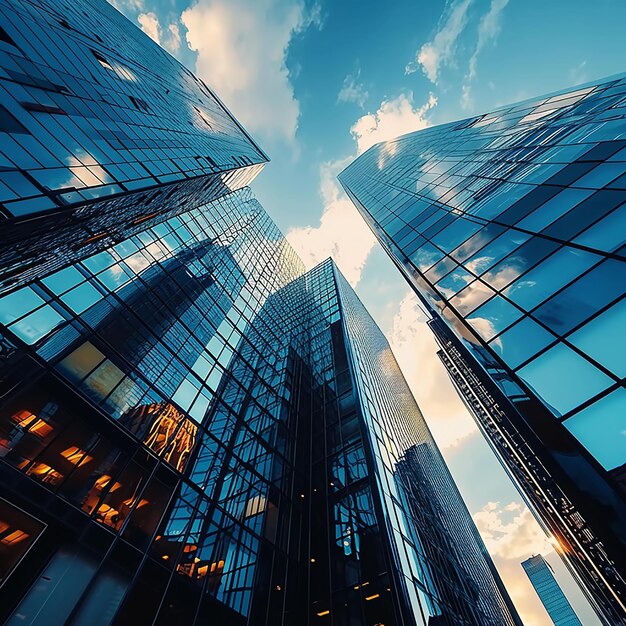 Photo of modern business buildings in financial district with vertical low angle shot and landscape