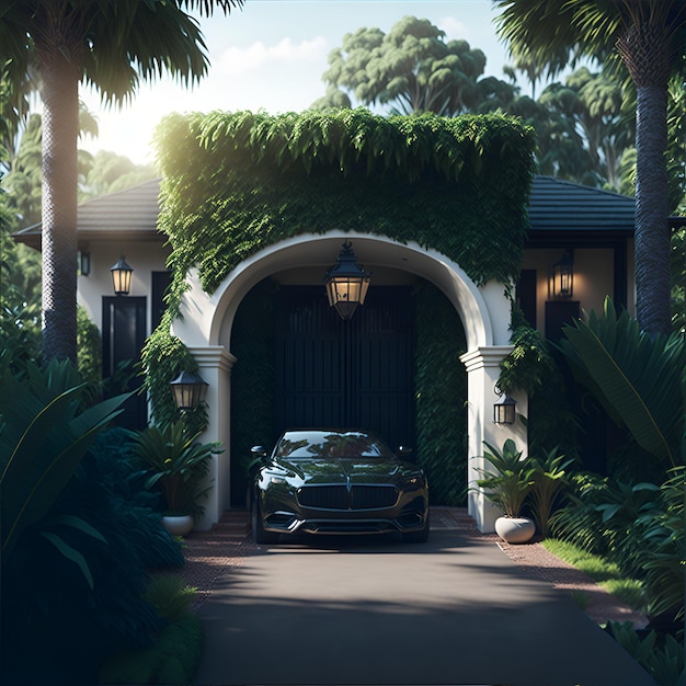 Photo of a modern car parked in front of a beautifully designed house