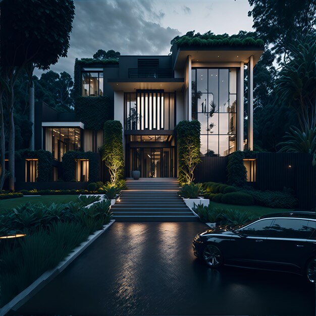 Photo photo of modern car parked in front of a house