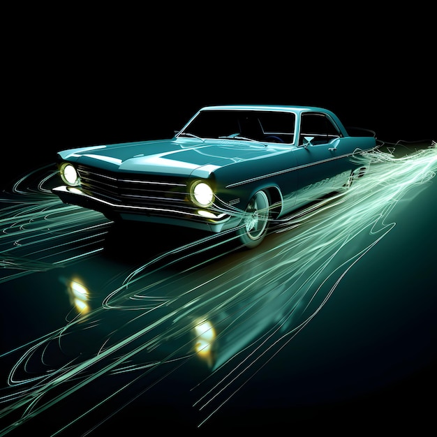 Photo a modern car at speed with neon lighting generative ai