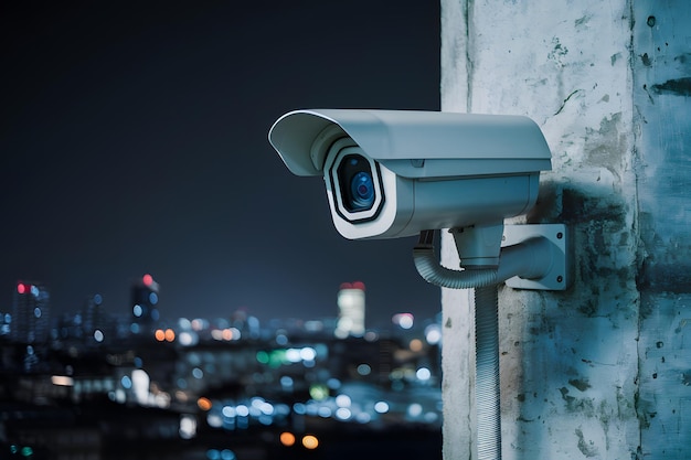 Photo Modern CCTV camera on wall night cityscape background