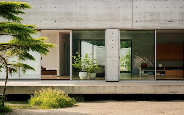 UHD 이미지 스타일로 창문을 열고 있는 현대적인 콘크리트 집의 사진