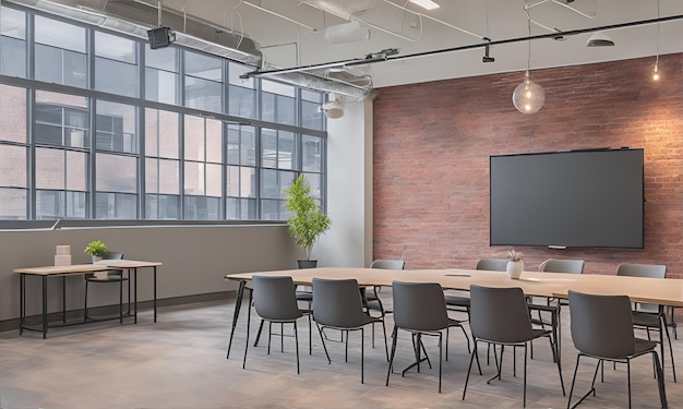 Photo of a modern conference room with a large flat screen TV mounted on the wall Ai Generated