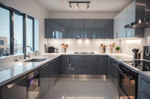 Photo modern contemporary white kitchen room interior