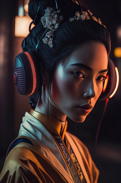 Photo of modern geisha wearing headphones AIGenerated