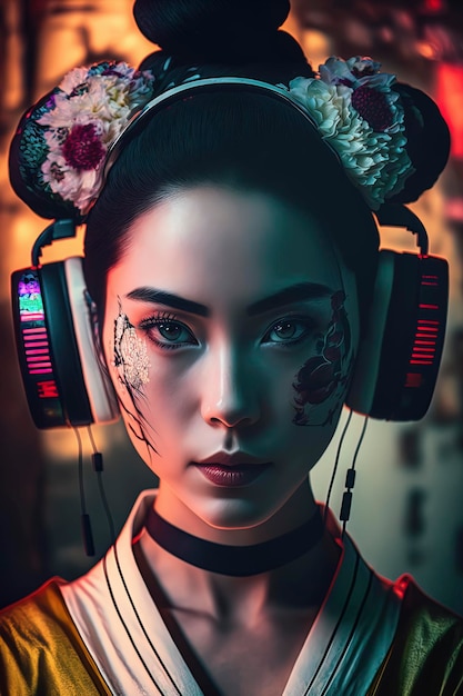 Photo of modern geisha wearing headphones AIGenerated