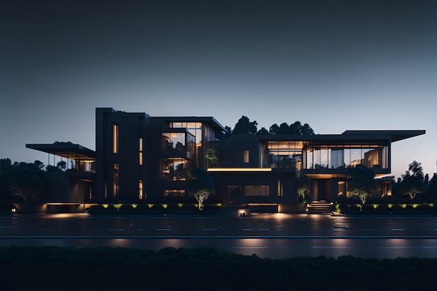 Photo of a modern house illuminated by multiple windows at night