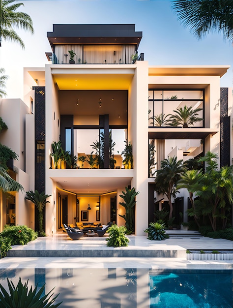 Photo of a modern house with a beautiful pool in the foreground