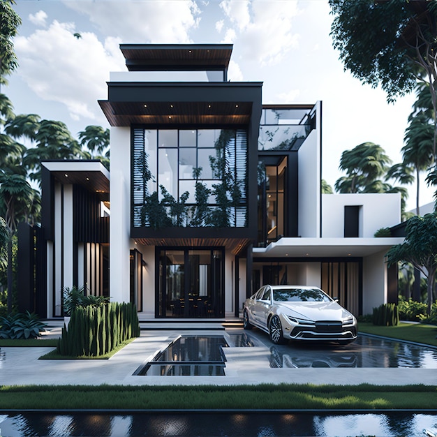 Photo of a modern house with a parked car in the driveway