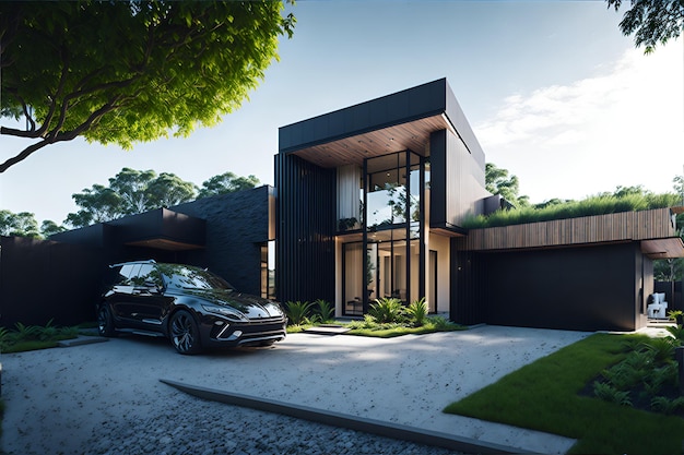 Photo of a modern house with a parked car in front