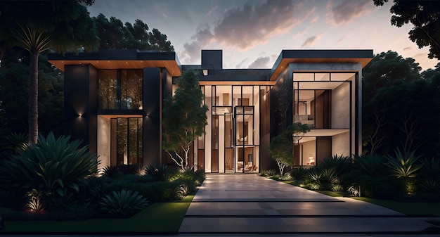 Фото современного дома с гладким дизайном, освещенного вечерним светом