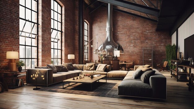 A Photo of a Modern Industrial Loft with Exposed Brick Walls