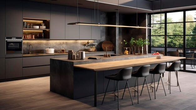 A photo of a modern kitchen with a custombuilt island