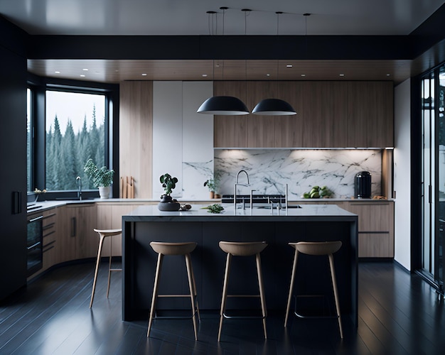 Photo of a modern kitchen with marble counter top and wooden stools